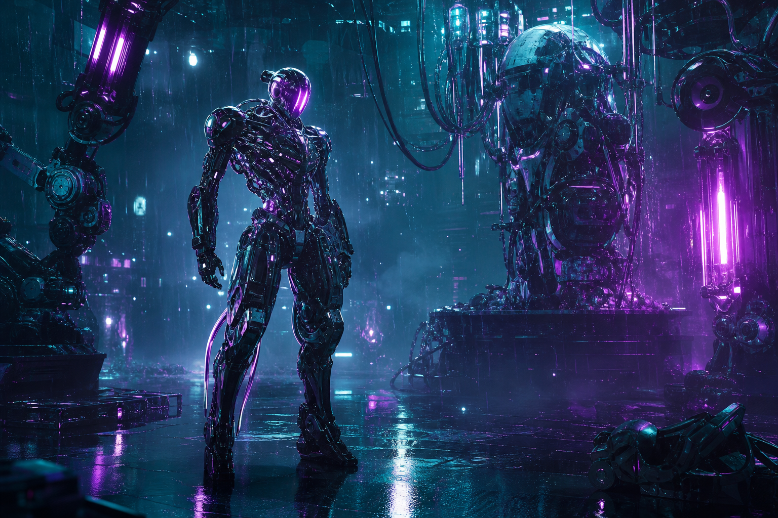 Robot Warrior Standing In Neon Rain Robots Wallpaper  2 4K