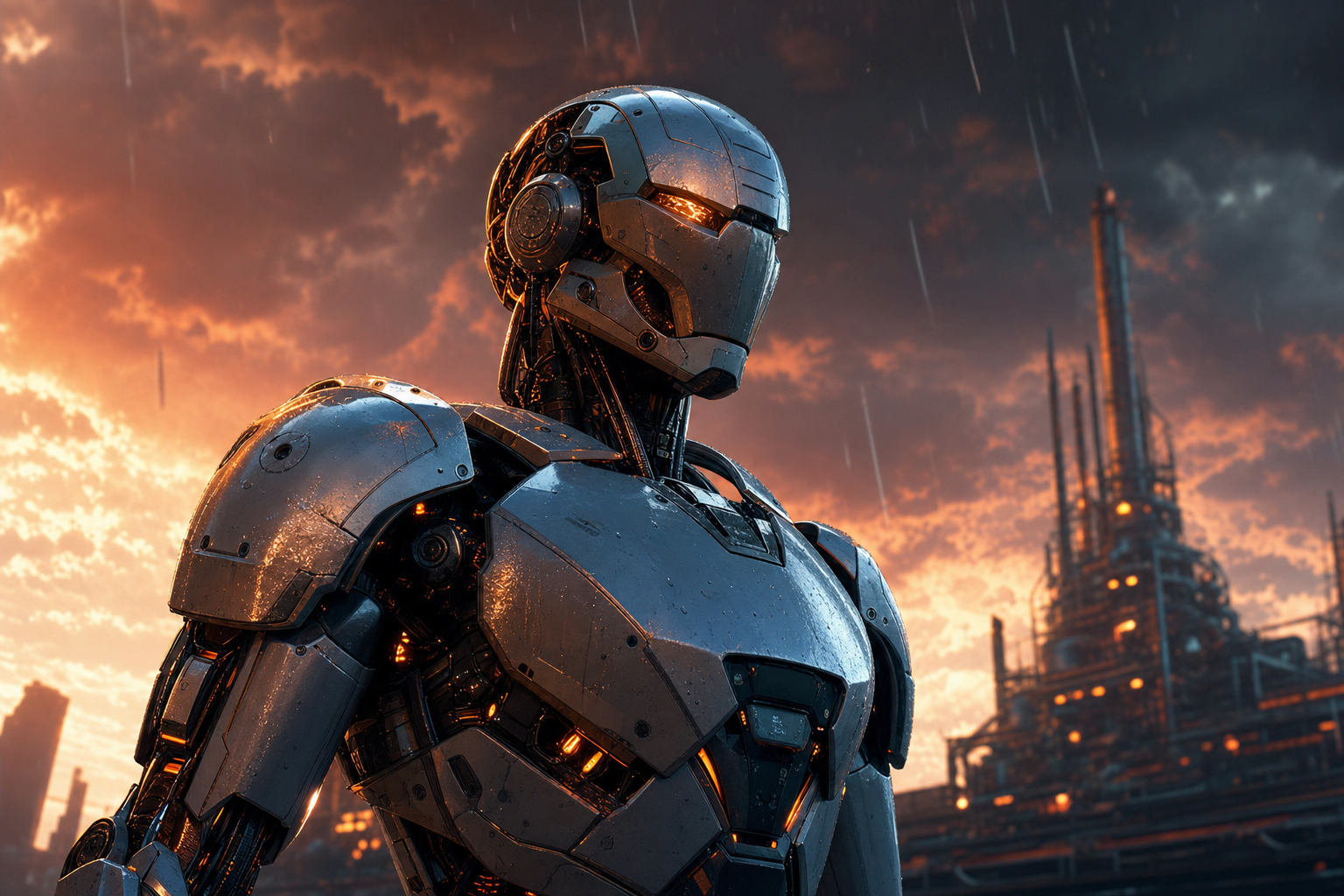 Robot Warrior Standing In Neon Rain Robots Wallpaper  2 4K