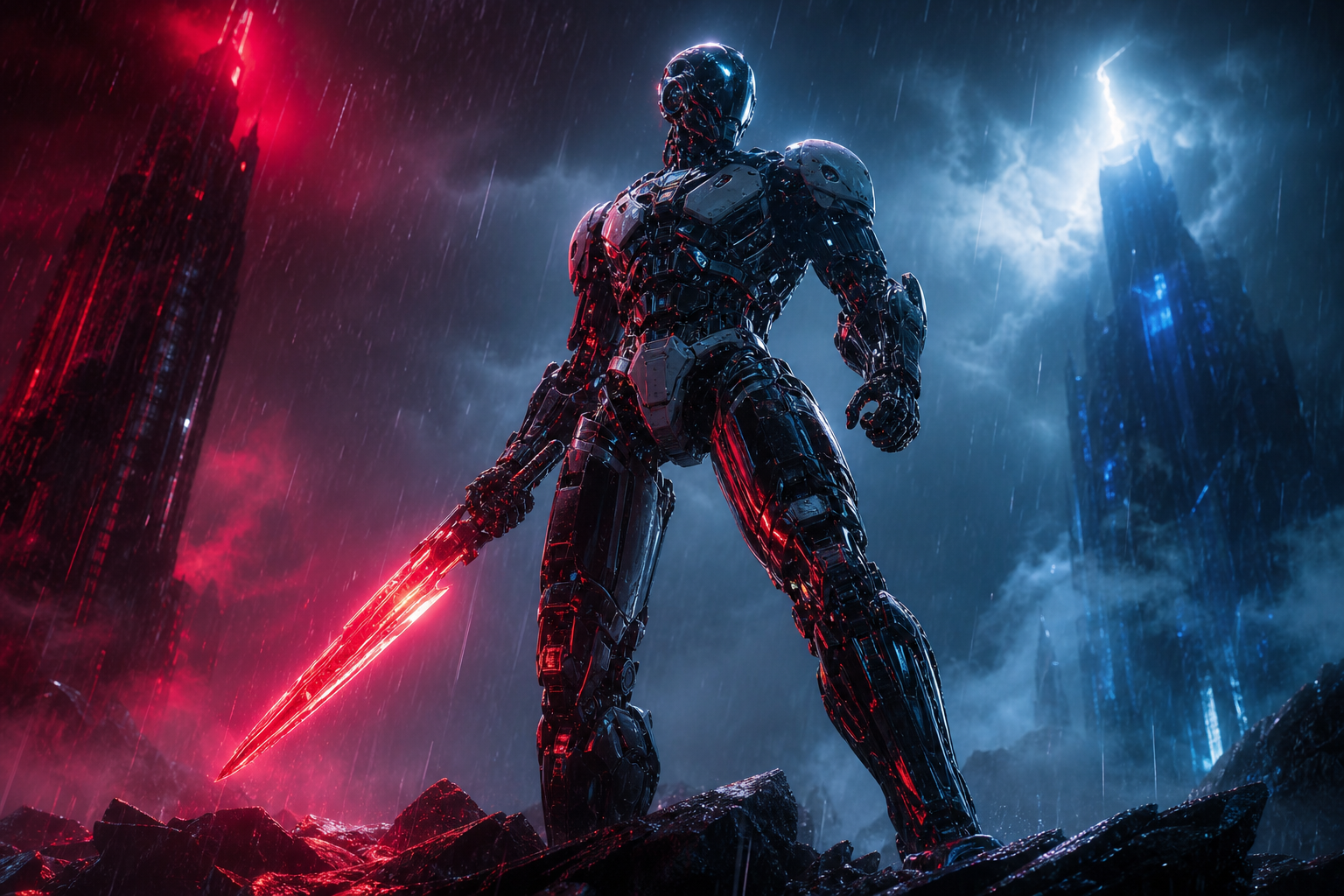 Robot Warrior Standing In Neon Rain Robots Wallpaper  2 4K