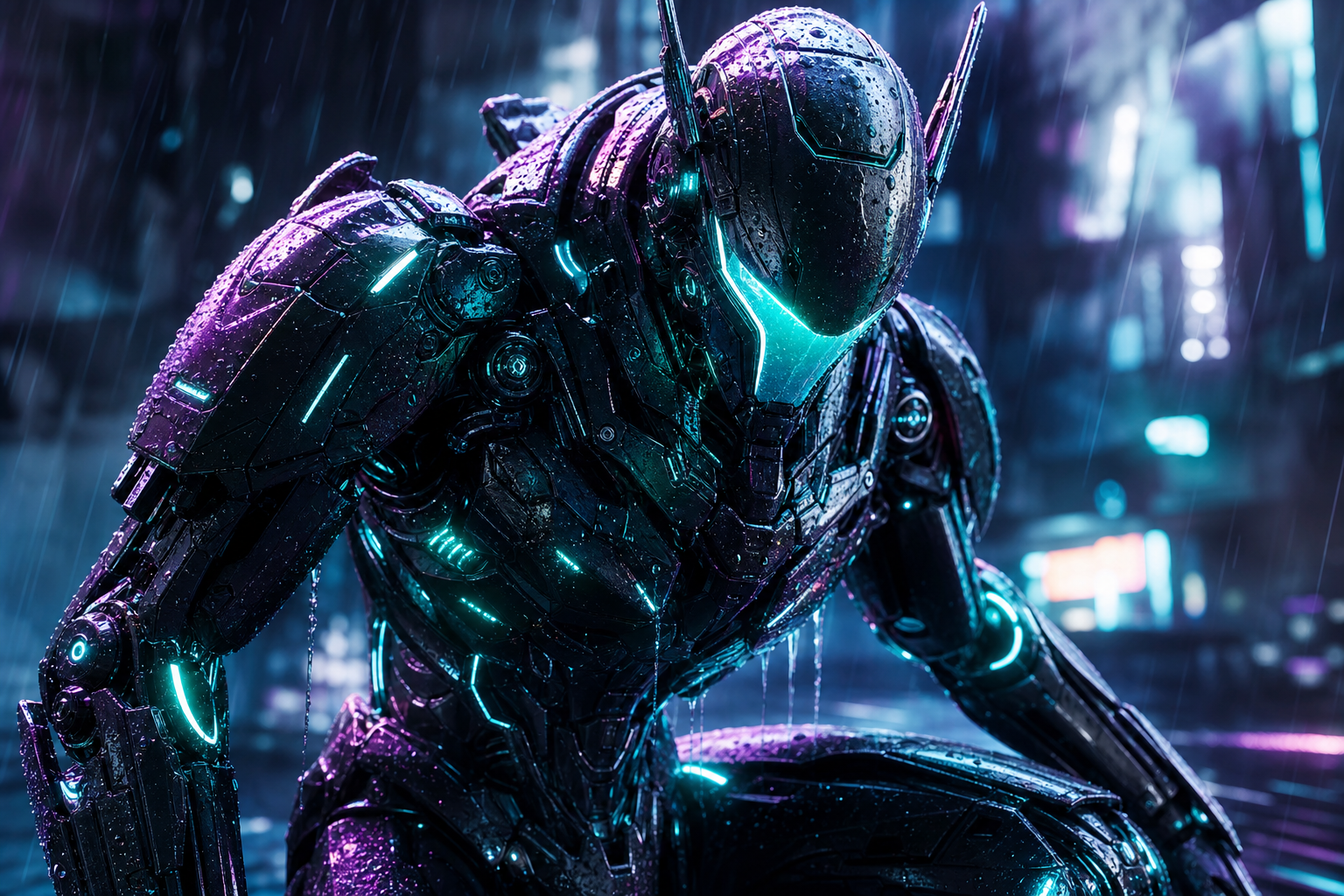 Robot Warrior Standing In Neon Rain Robots Wallpaper  2 4K