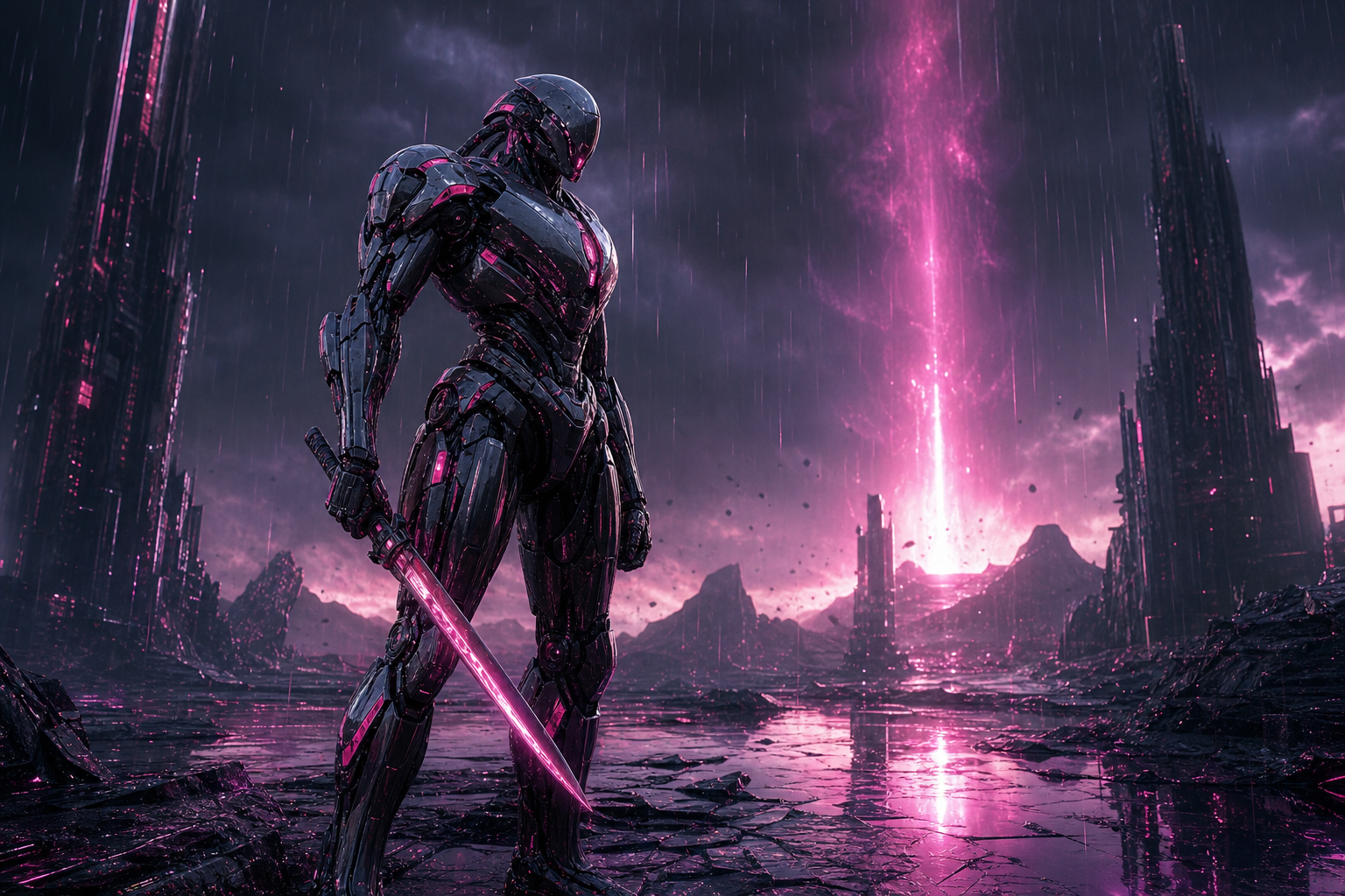 Robot Warrior Standing In Neon Rain Robots Wallpaper  2 4K