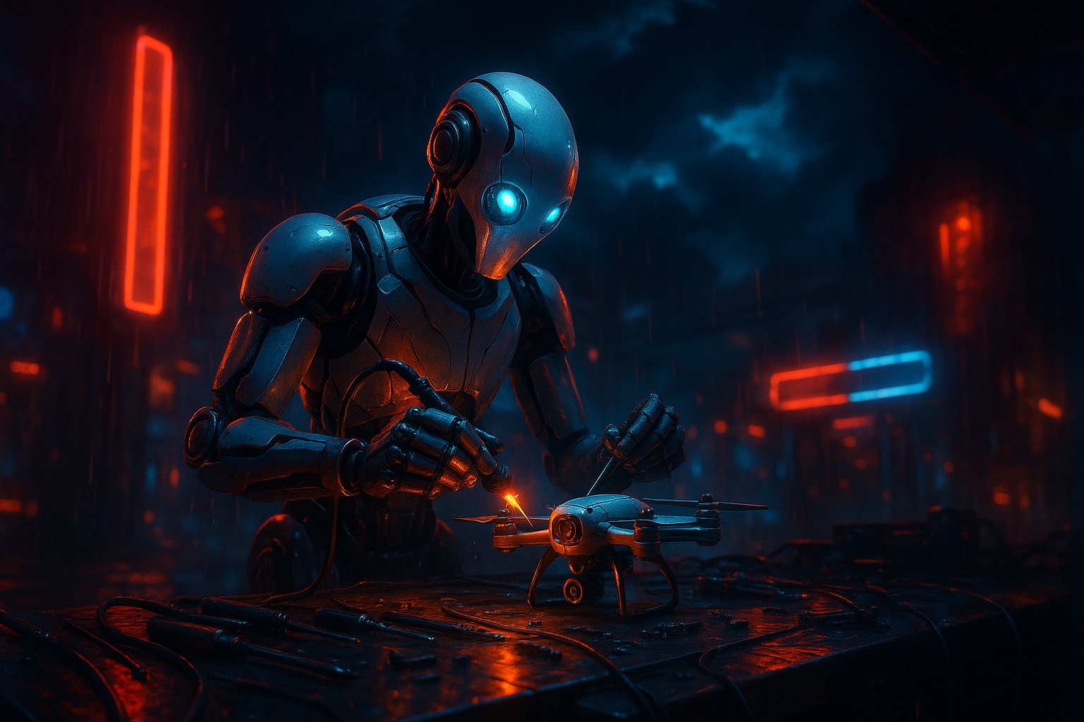 Robot Warrior Standing In Neon Rain Robots Wallpaper 2 4K 4K Robots Wallpaper