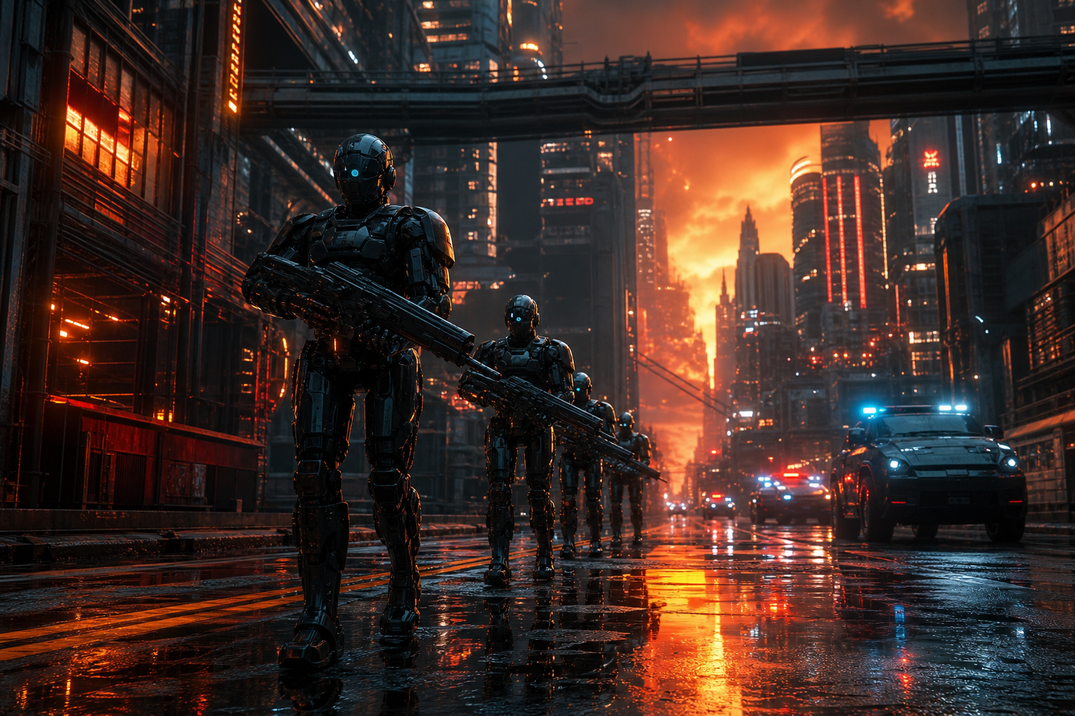 Robotic City Police Patrol Cyberpunk Wallpaper  12 4K