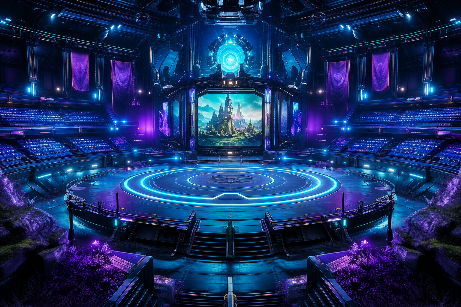 Sci Fi Battle Arena With Neon Lights Gaming Wallpaper  13 4K