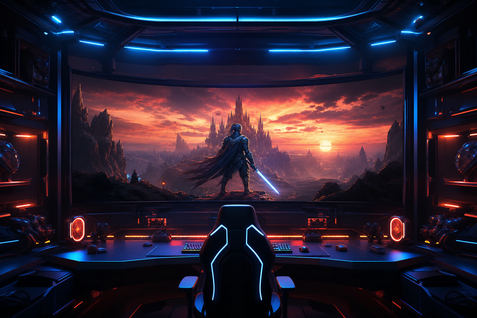 Sci Fi Battle Arena With Neon Lights Gaming Wallpaper  3 4K