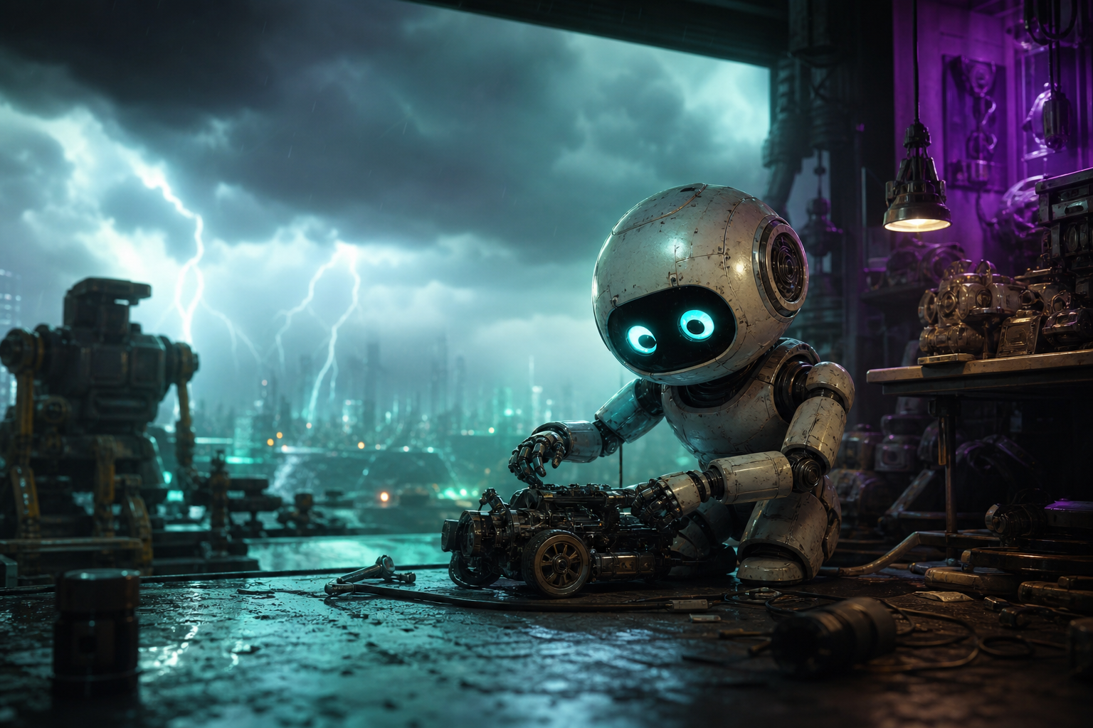 Small Cute Robot In Workshop Robots Wallpaper  3 4K