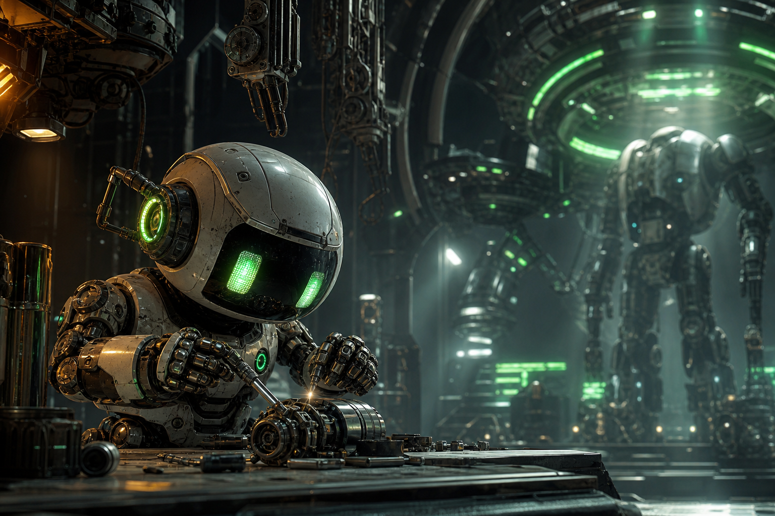 Small Cute Robot In Workshop Robots Wallpaper  3 4K