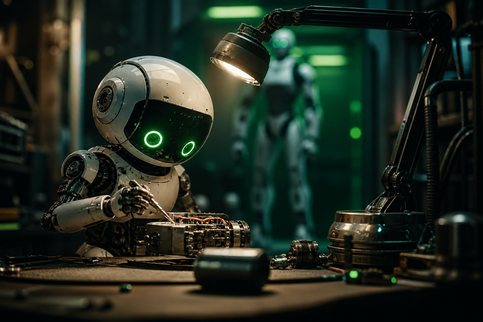 Small Cute Robot In Workshop Robots Wallpaper  3 4K