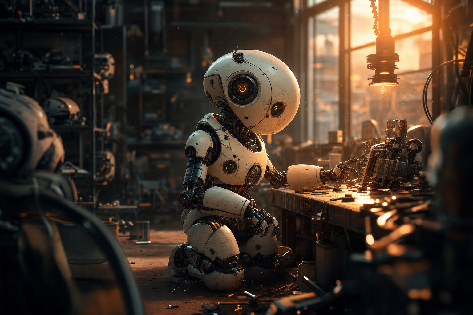 Small Cute Robot In Workshop Robots Wallpaper  3 4K