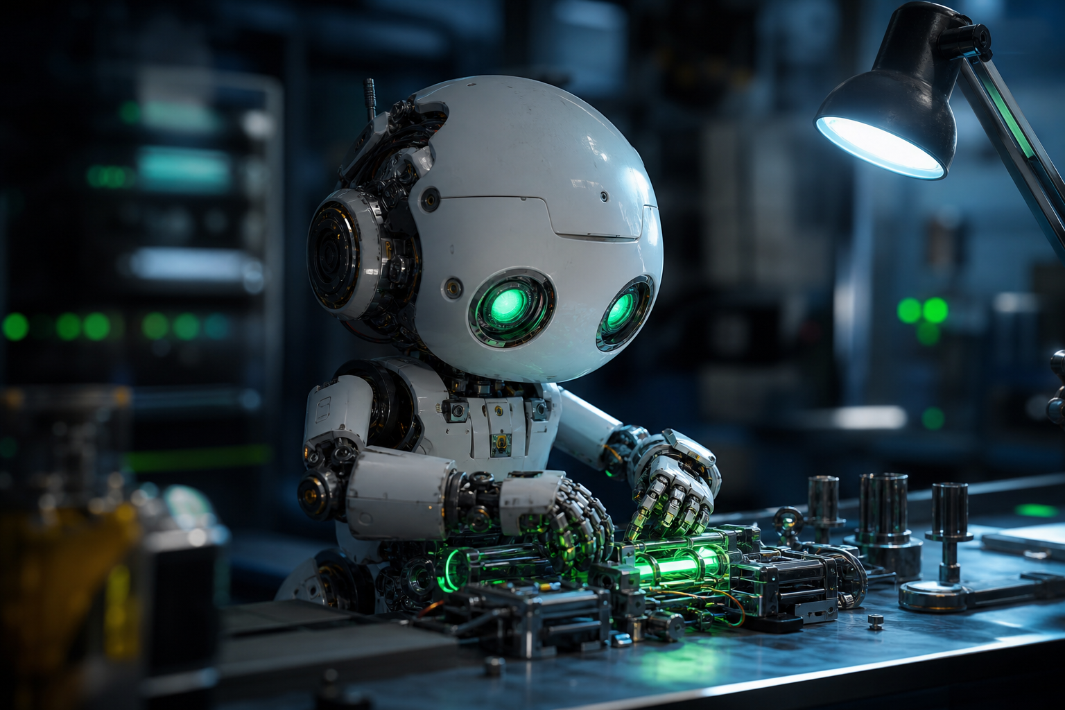 Small Cute Robot In Workshop Robots Wallpaper  3 4K