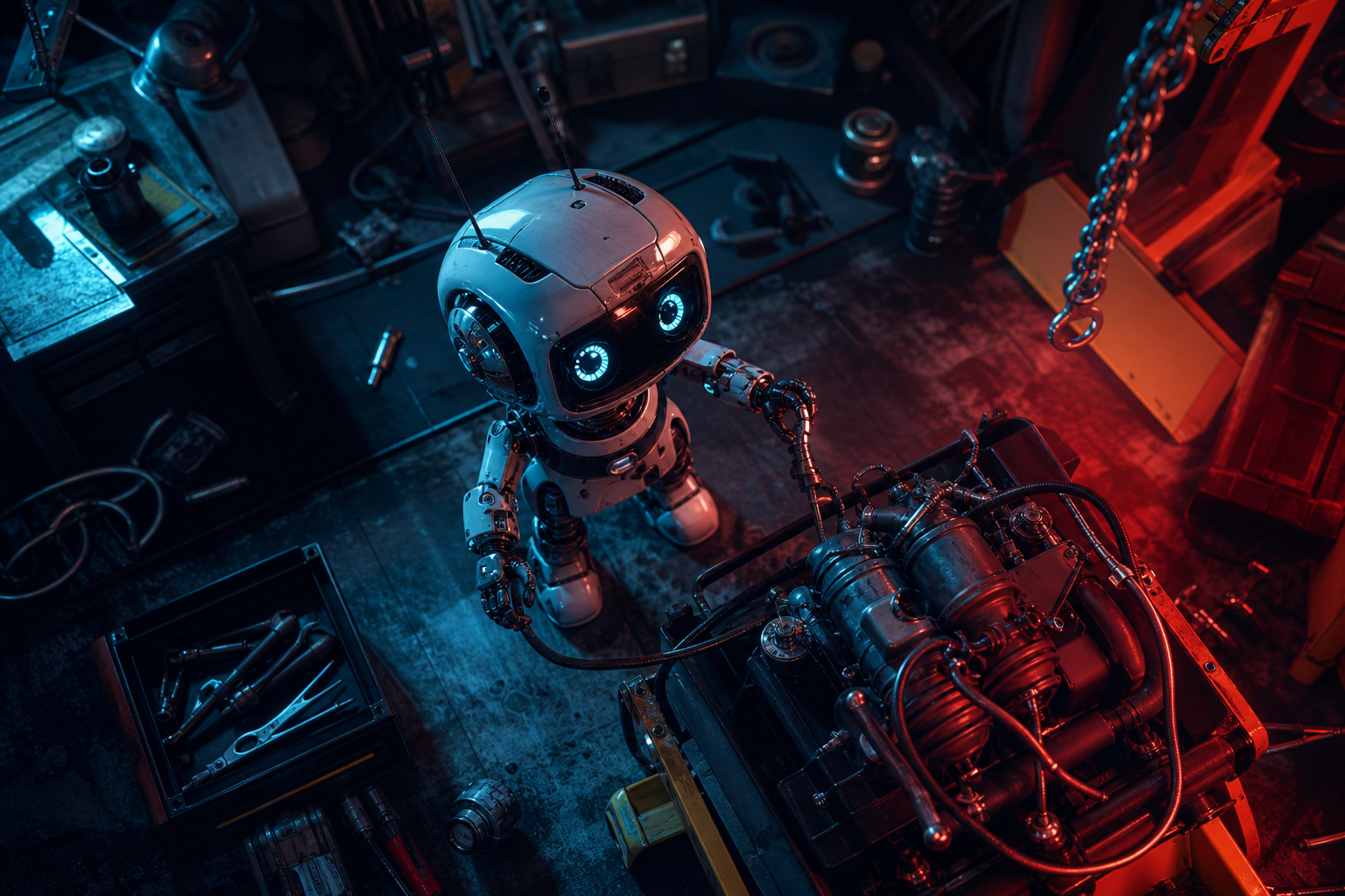 Small Cute Robot In Workshop Robots Wallpaper  3 4K