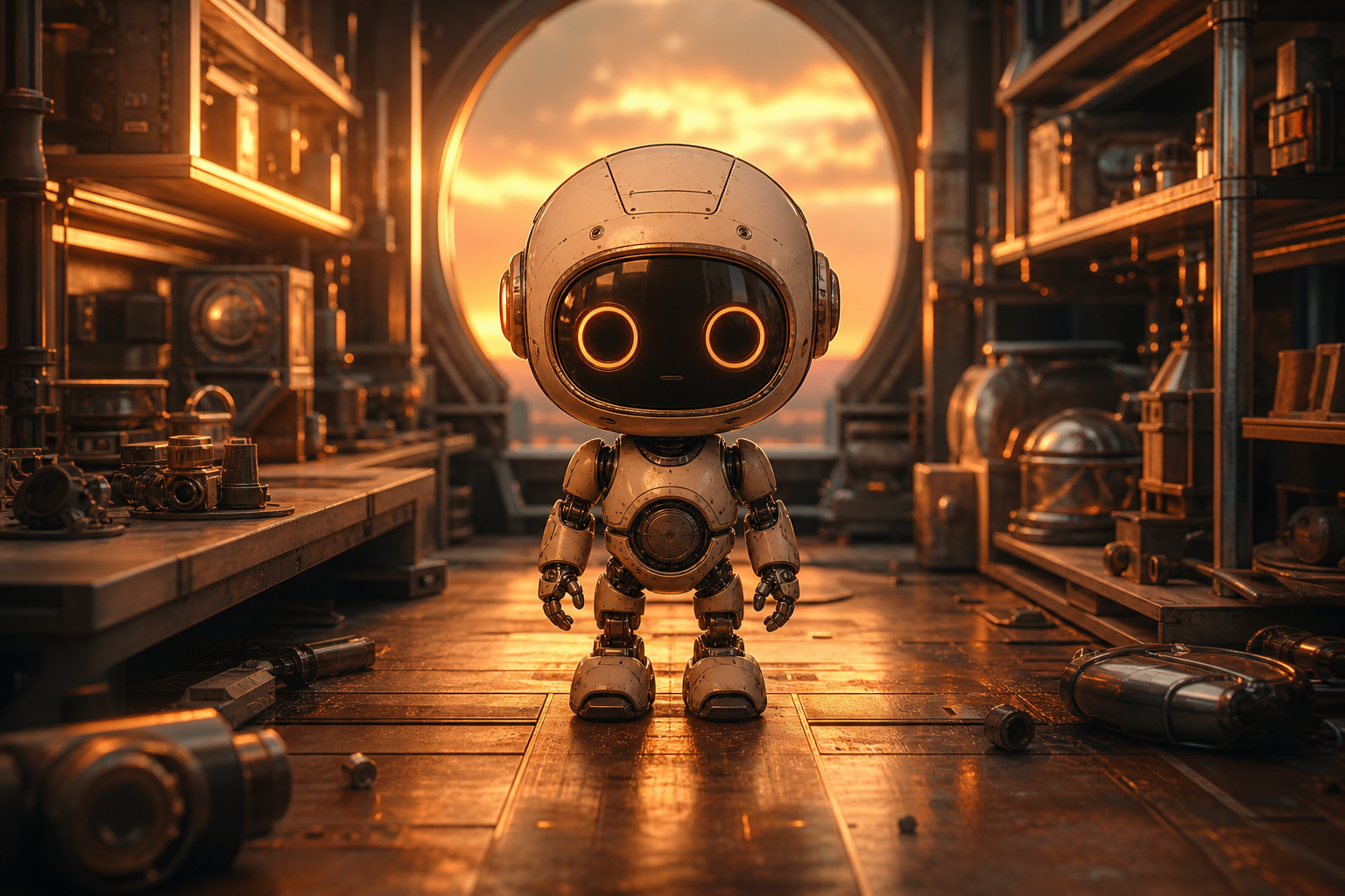 Small Cute Robot In Workshop Robots Wallpaper  3 4K