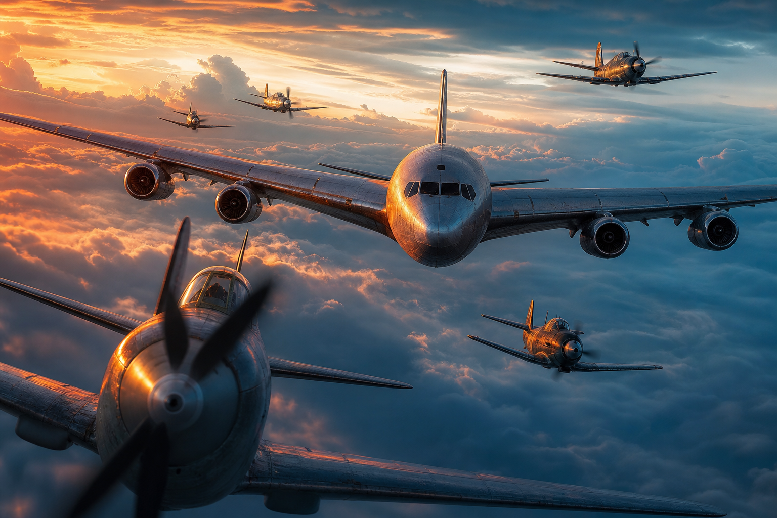 Vintage Aircraft Formation In Dramatic Sunset Clouds Airplanes Wallpaper  3 4K