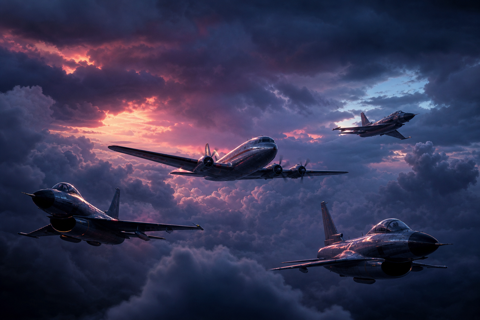 Vintage Aircraft Formation In Dramatic Sunset Clouds Airplanes Wallpaper  3 4K