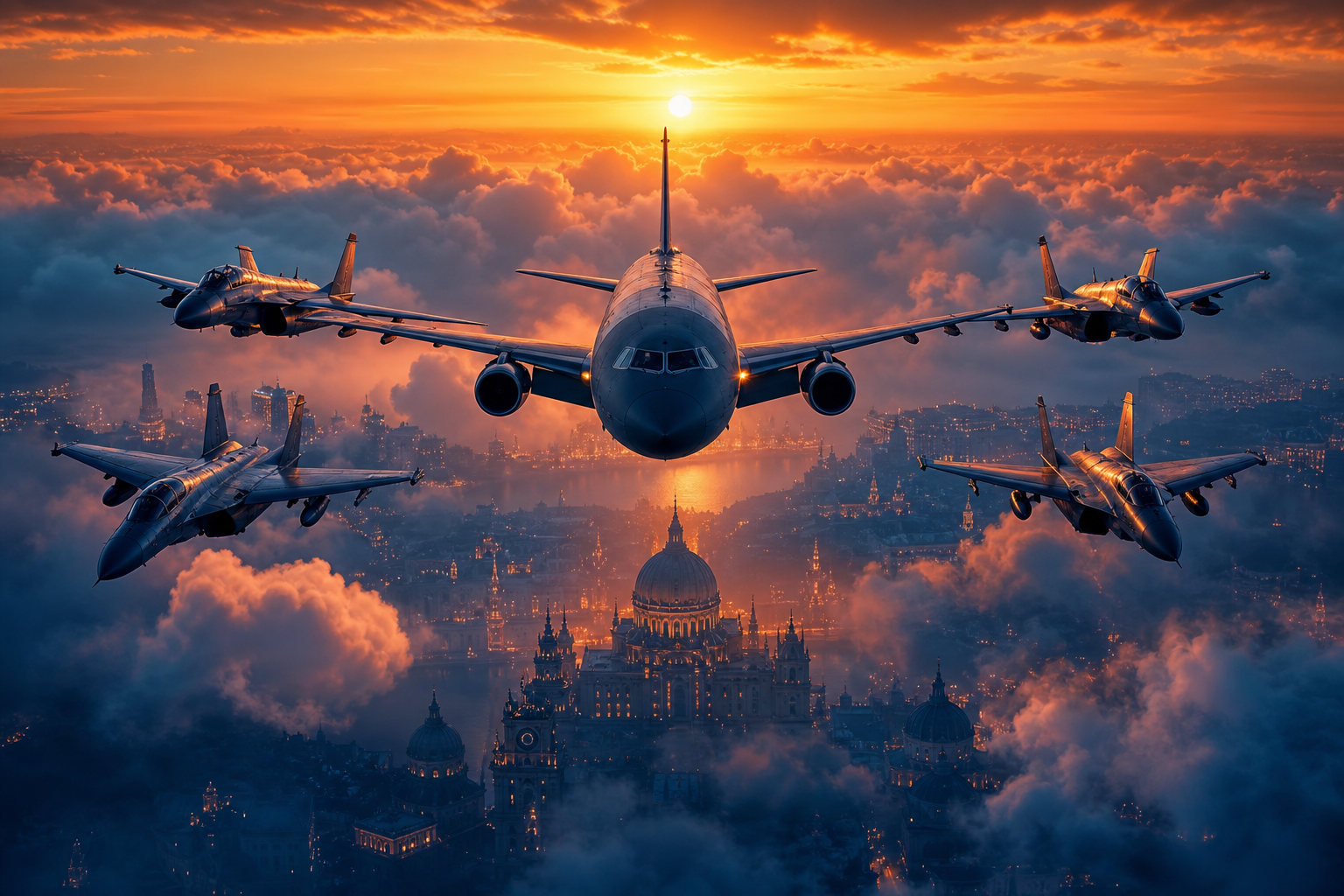 Vintage Aircraft Formation In Dramatic Sunset Clouds Airplanes Wallpaper  3 4K