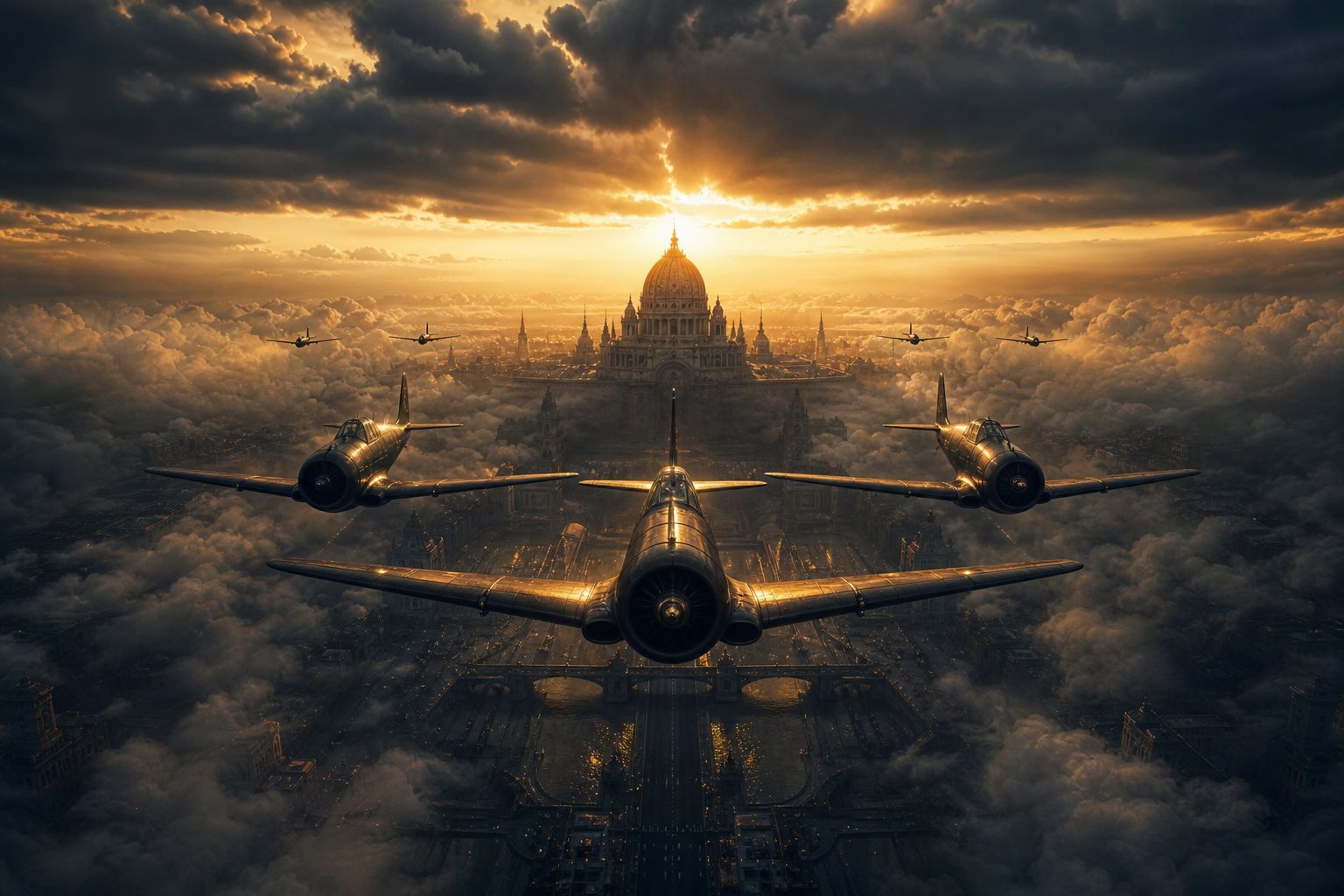 Vintage Aircraft Formation In Dramatic Sunset Clouds Airplanes Wallpaper  3 4K