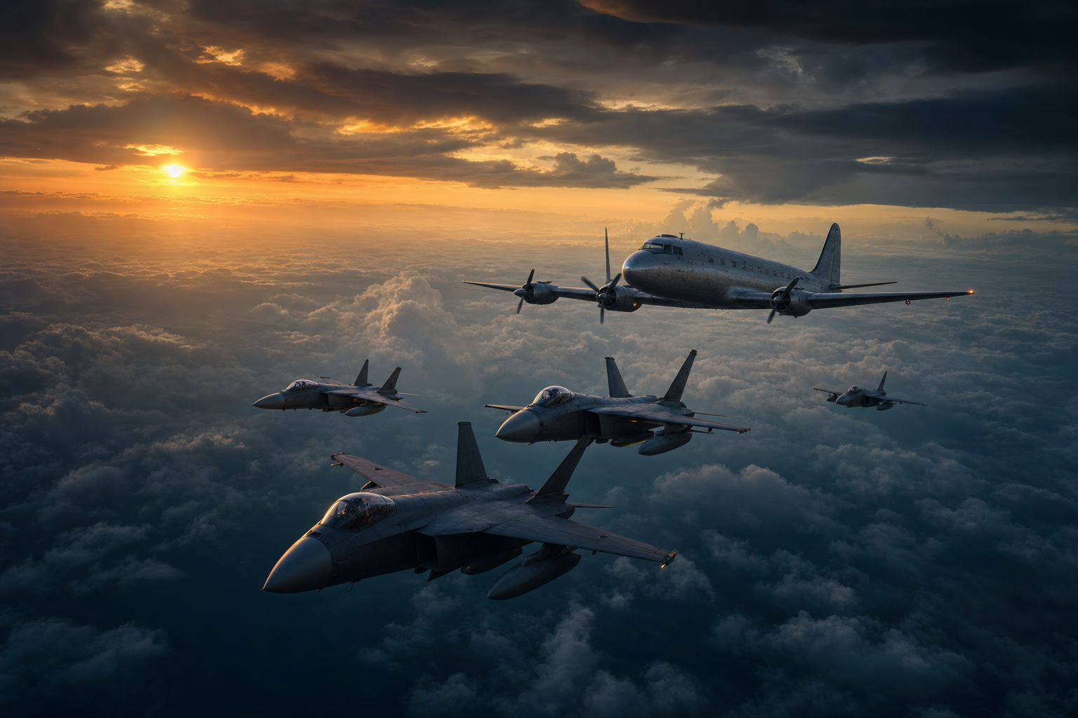 Vintage Aircraft Formation In Dramatic Sunset Clouds Airplanes Wallpaper  3 4K