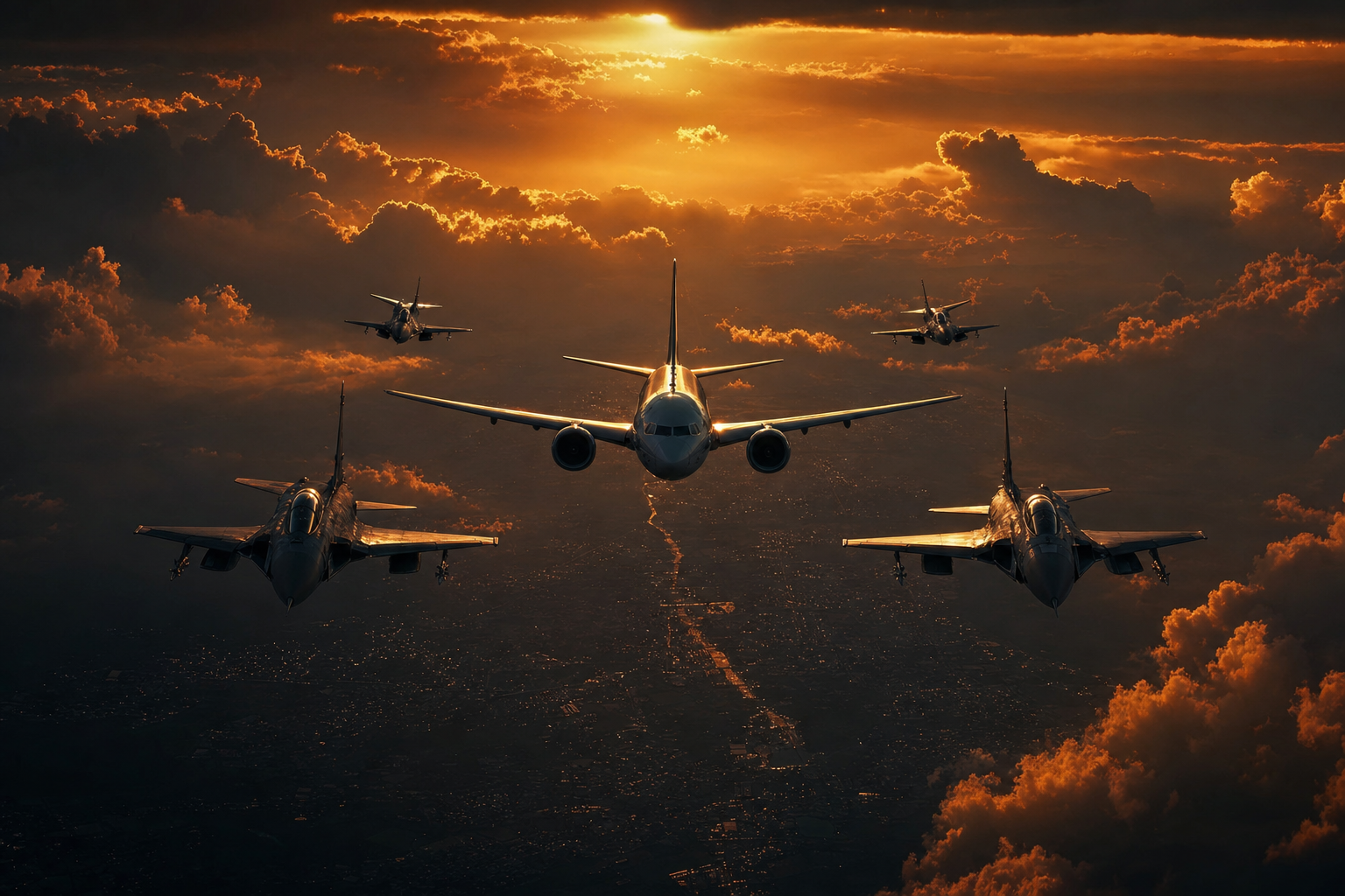 Vintage Aircraft Formation In Dramatic Sunset Clouds Airplanes Wallpaper  3 4K