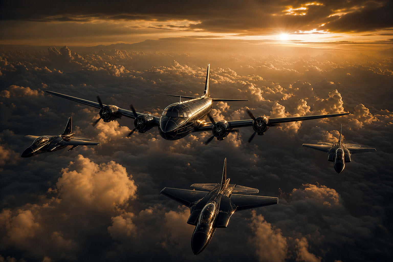 Vintage Aircraft Formation In Dramatic Sunset Clouds Airplanes Wallpaper  3 4K