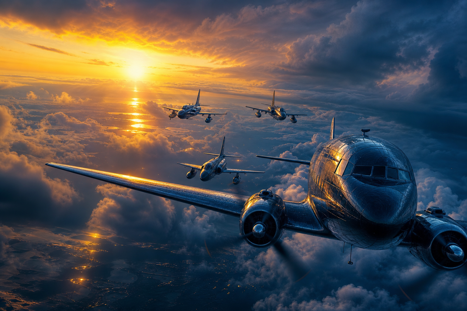 Vintage Aircraft Formation In Dramatic Sunset Clouds Airplanes Wallpaper  3 4K