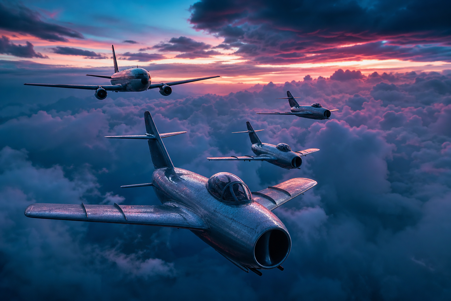 Vintage Aircraft Formation In Dramatic Sunset Clouds Airplanes Wallpaper  3 4K