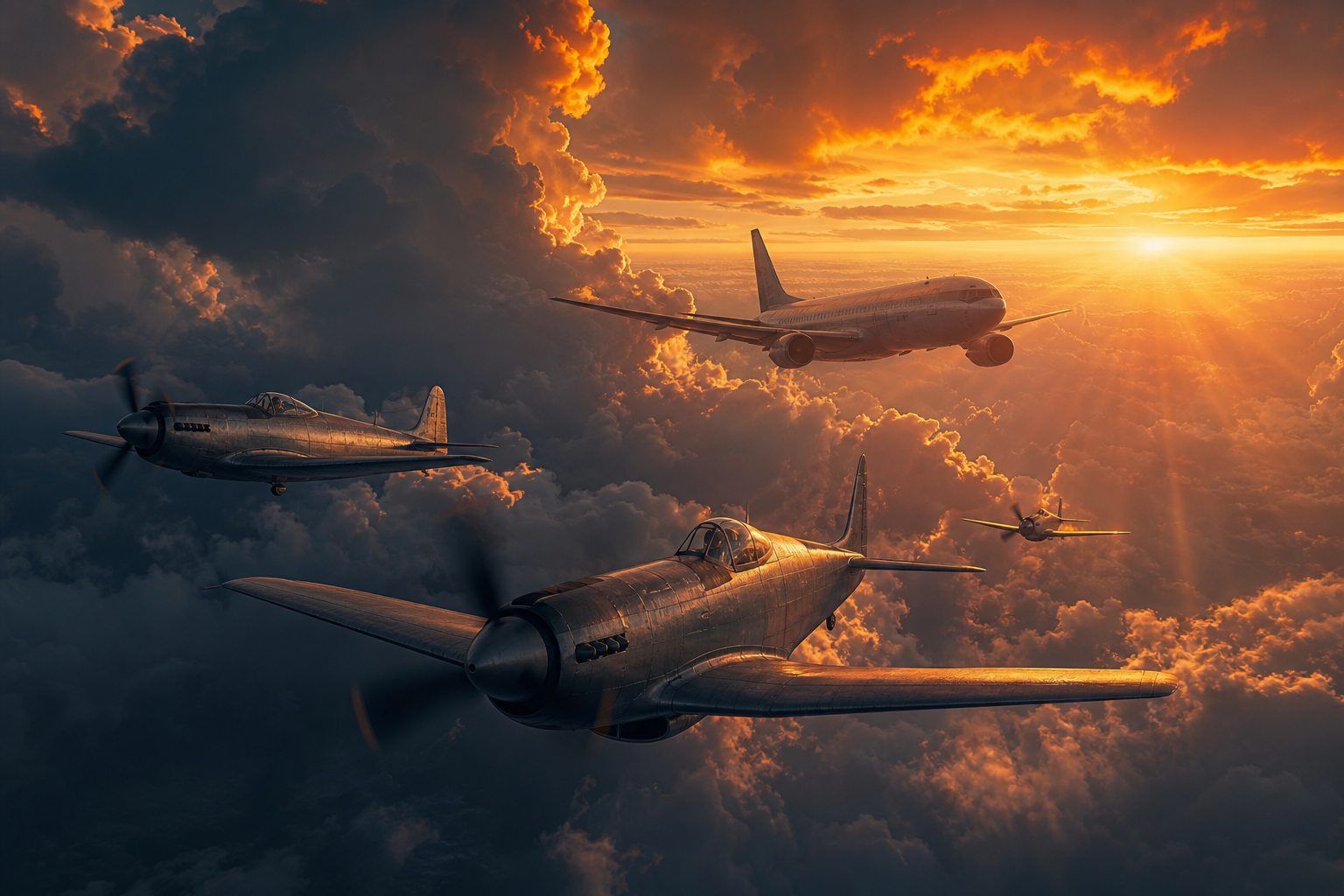 Vintage Aircraft Formation In Dramatic Sunset Clouds Airplanes Wallpaper  3 4K
