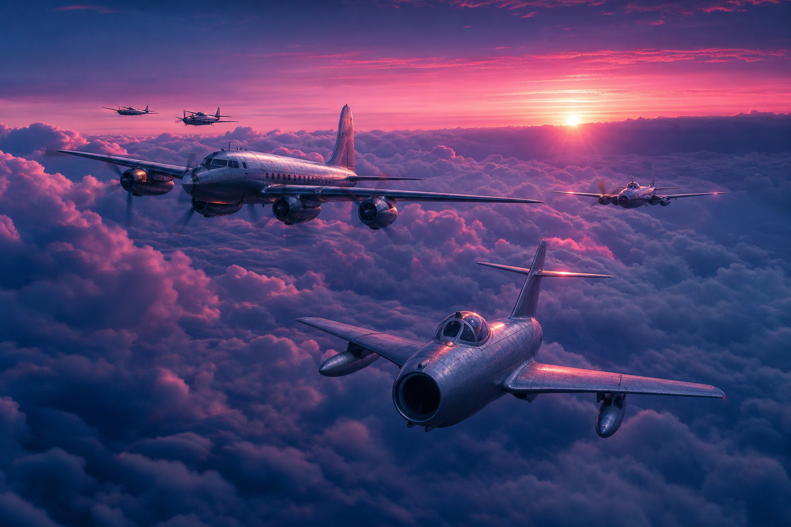 Vintage Aircraft Formation In Dramatic Sunset Clouds Airplanes Wallpaper  3 4K
