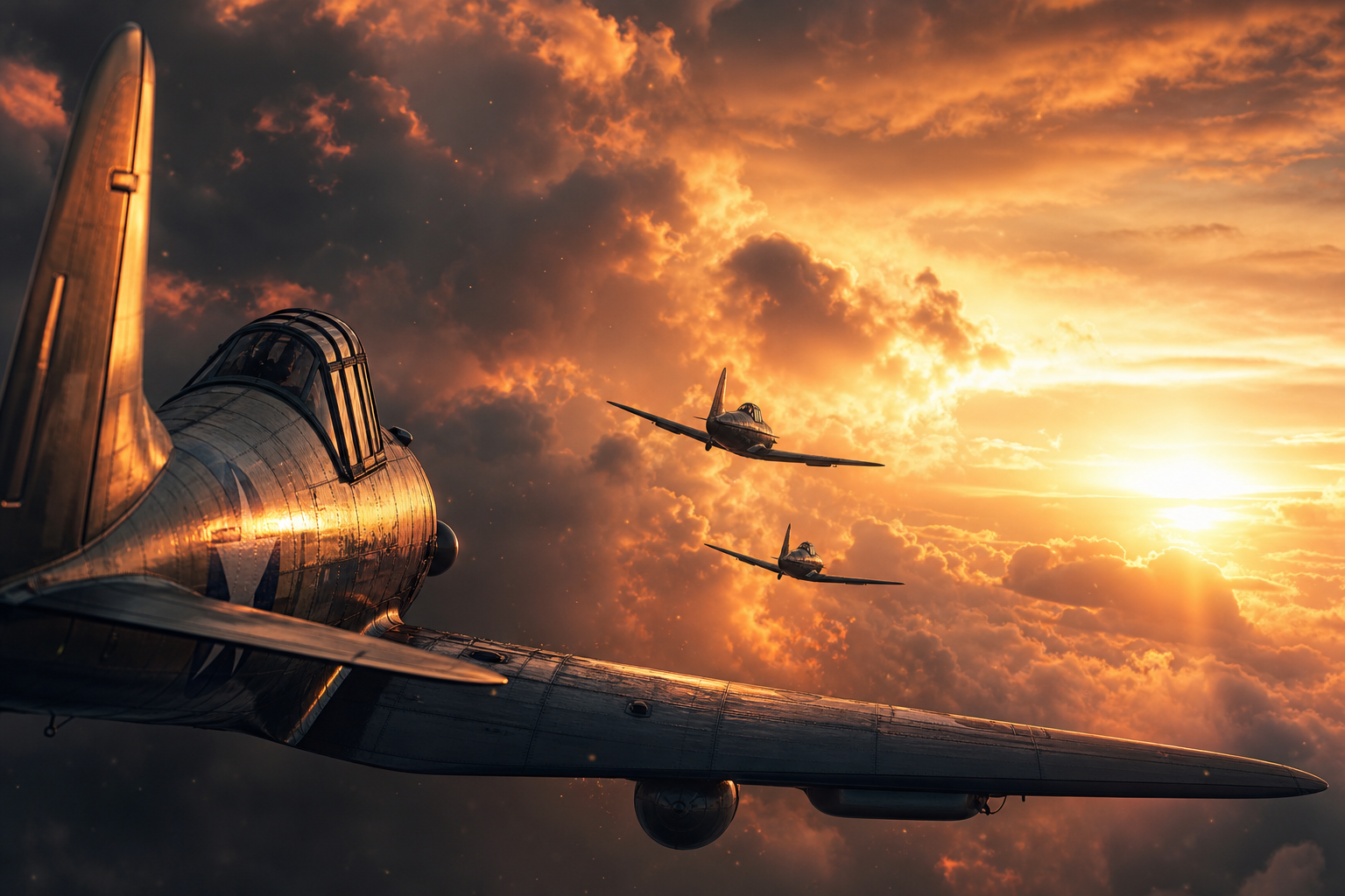 Vintage Aircraft Formation In Dramatic Sunset Clouds Airplanes Wallpaper  3 4K