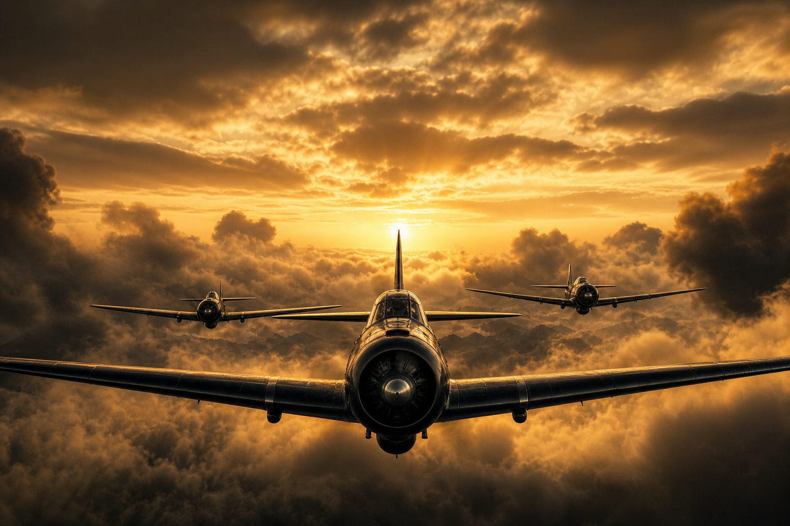 Vintage Aircraft Formation In Dramatic Sunset Clouds Airplanes Wallpaper  3 4K