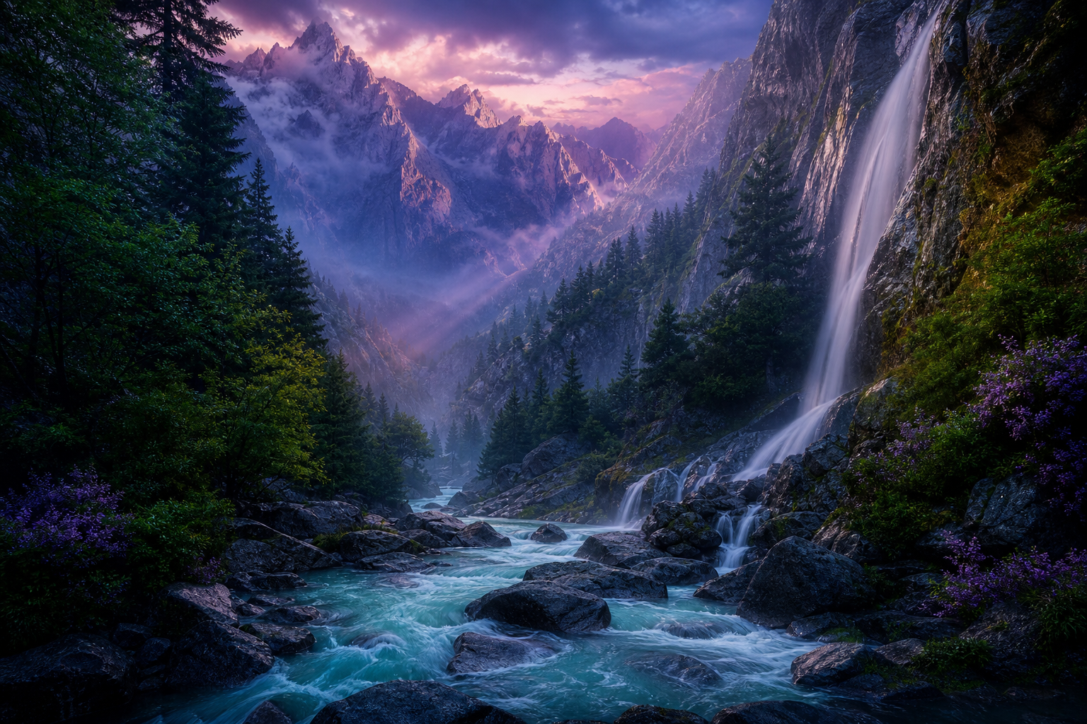 Waterfall Valley Cinematic Nature Wallpaper  3 4K