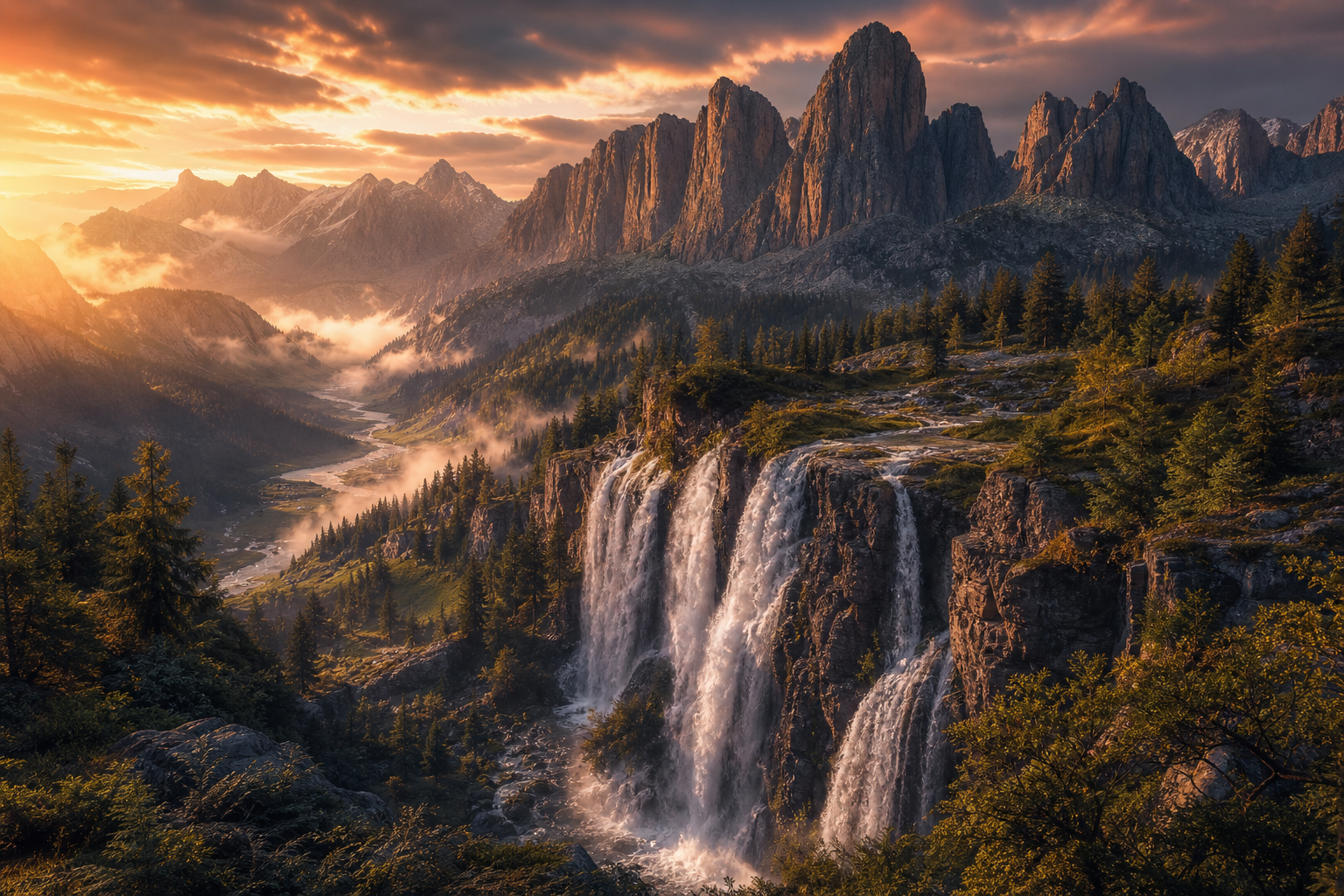 Waterfall Valley Cinematic Nature Wallpaper  3 4K