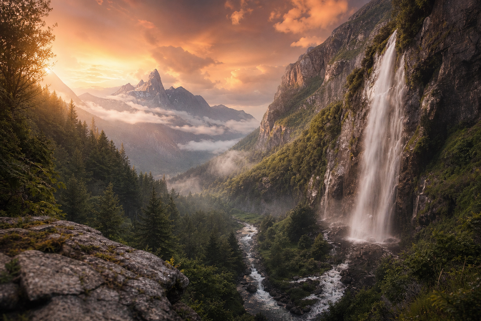 Waterfall Valley Cinematic Nature Wallpaper  3 4K