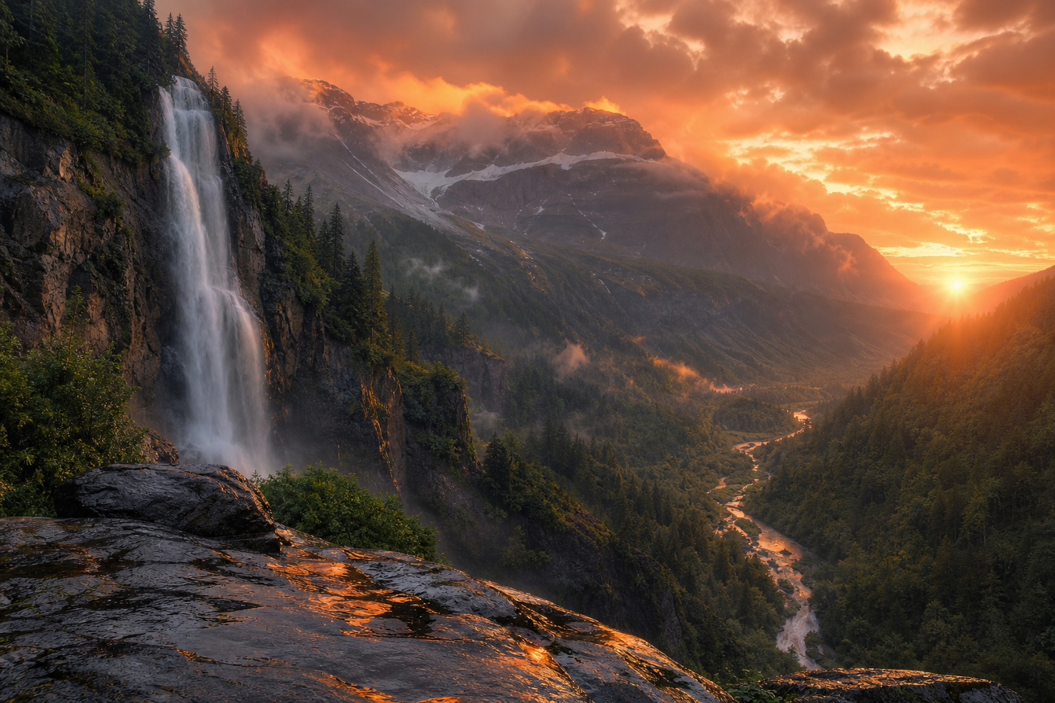 Waterfall Valley Cinematic Nature Wallpaper  3 4K