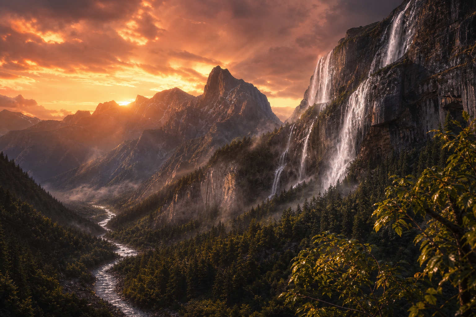 Waterfall Valley Cinematic Nature Wallpaper  3 4K