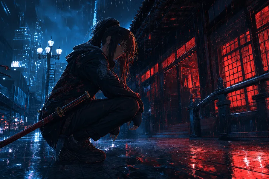 Anime City Street In Rain At Night Anime Wallpaper  3 4K