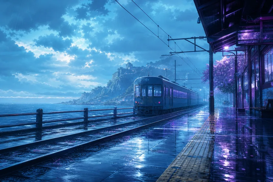Anime Ocean Train Station Anime Wallpaper  16 4K