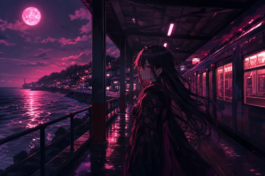 Anime Ocean Train Station Anime Wallpaper  16 4K