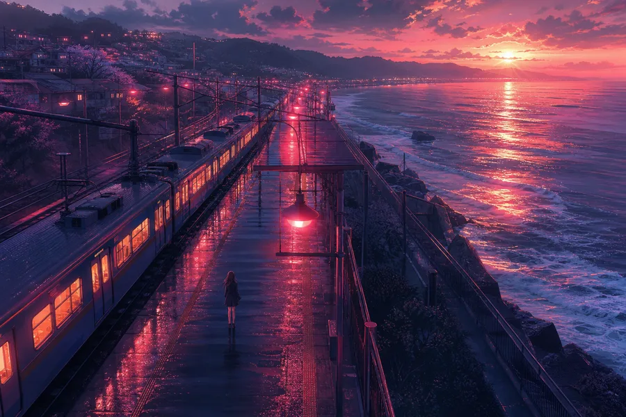 Anime Ocean Train Station Anime Wallpaper  16 4K