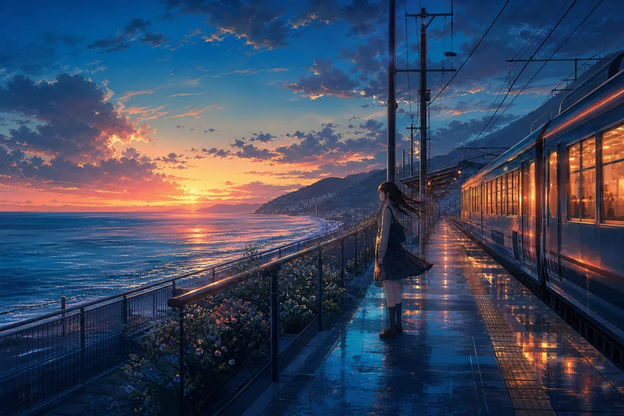 Anime Ocean Train Station Anime Wallpaper  24 4K