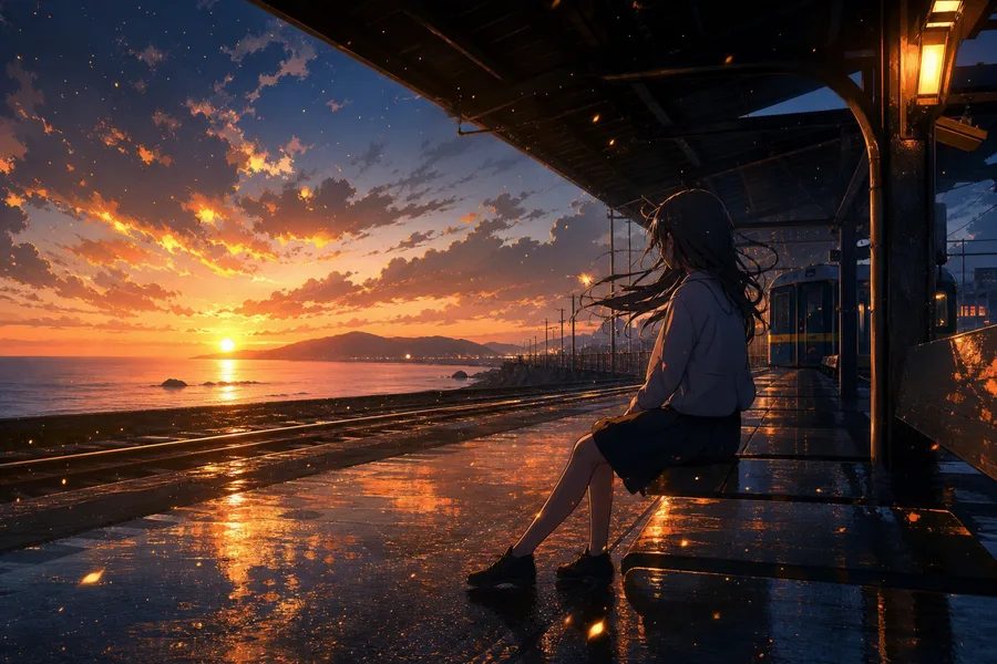 Anime Ocean Train Station Anime Wallpaper  24 4K