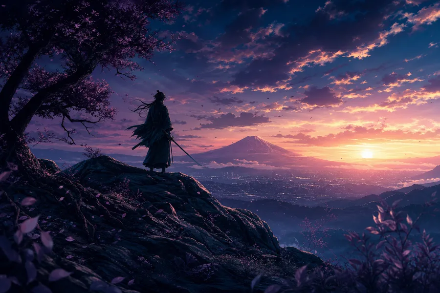 Anime Samurai On Mountain At Sunset Anime Wallpaper  2 4K