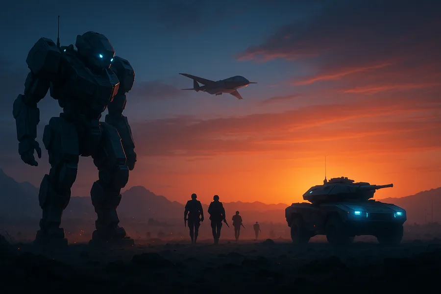 Armored Robot Patrol In Sci Fi Battlefield Military Wallpaper  14 4K