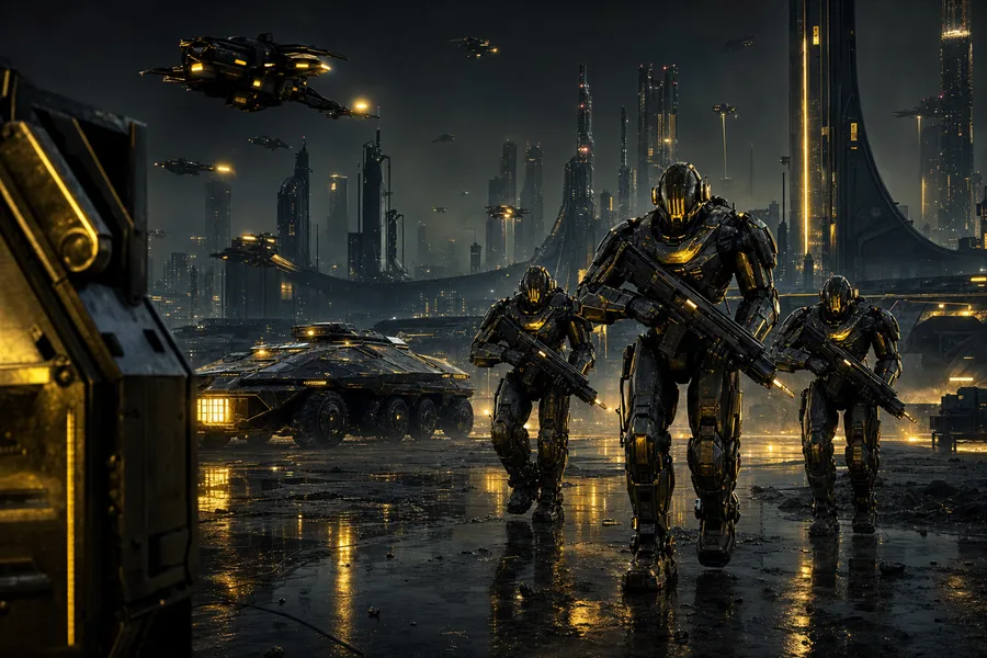 Armored Robot Patrol In Sci Fi Battlefield Military Wallpaper  6 4K