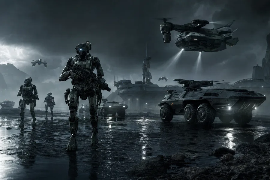 Armored Robot Patrol In Sci Fi Battlefield Military Wallpaper  6 4K