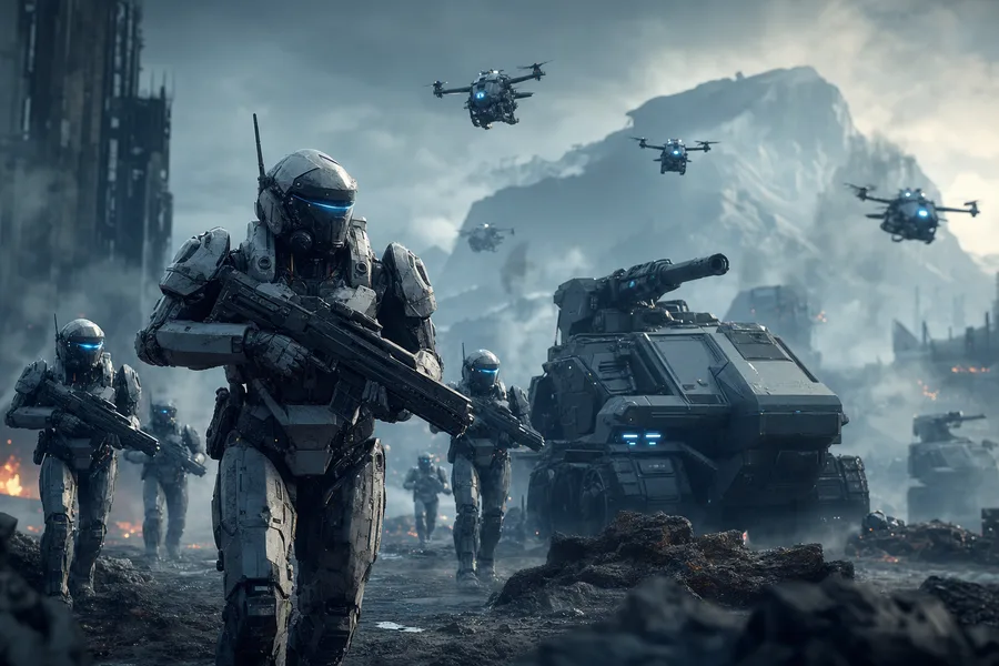 Armored Robot Patrol In Sci Fi Battlefield Military Wallpaper  6 4K