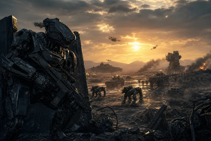Armored Robot Patrol In Sci Fi Battlefield Military Wallpaper 6 4K 4