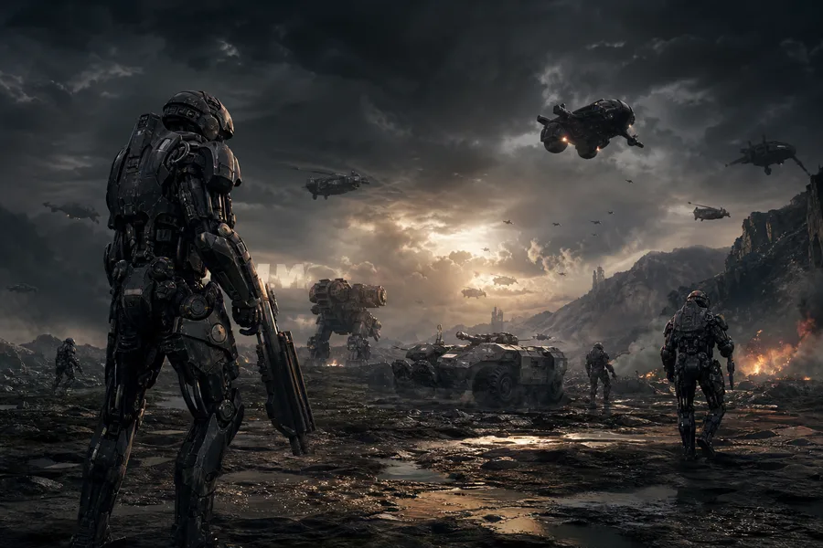 Armored Robot Patrol In Sci Fi Battlefield Military Wallpaper 6 4K 5