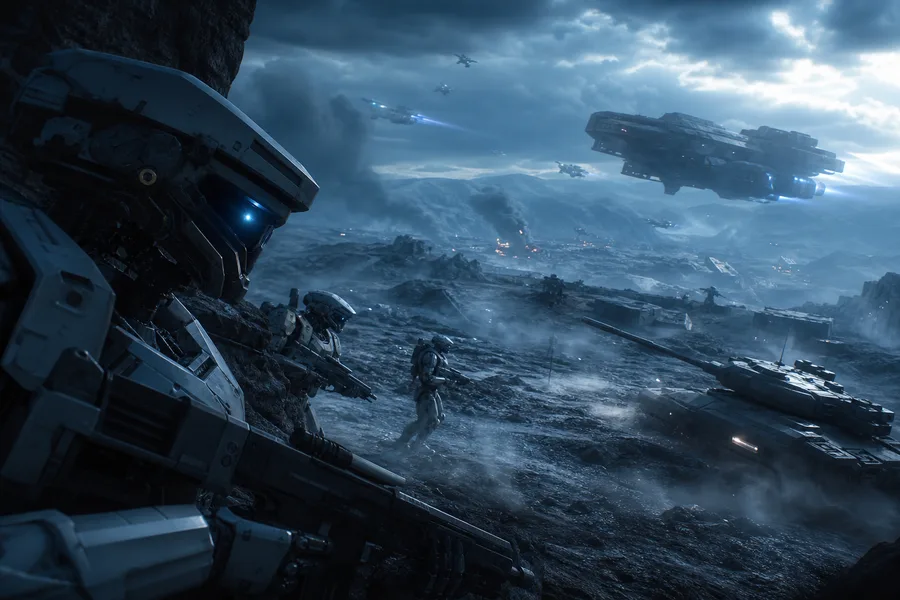 Armored Robot Patrol In Sci Fi Battlefield Military Wallpaper  6 4K