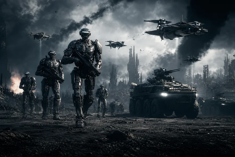Armored Robot Patrol In Sci Fi Battlefield Military Wallpaper  6 4K