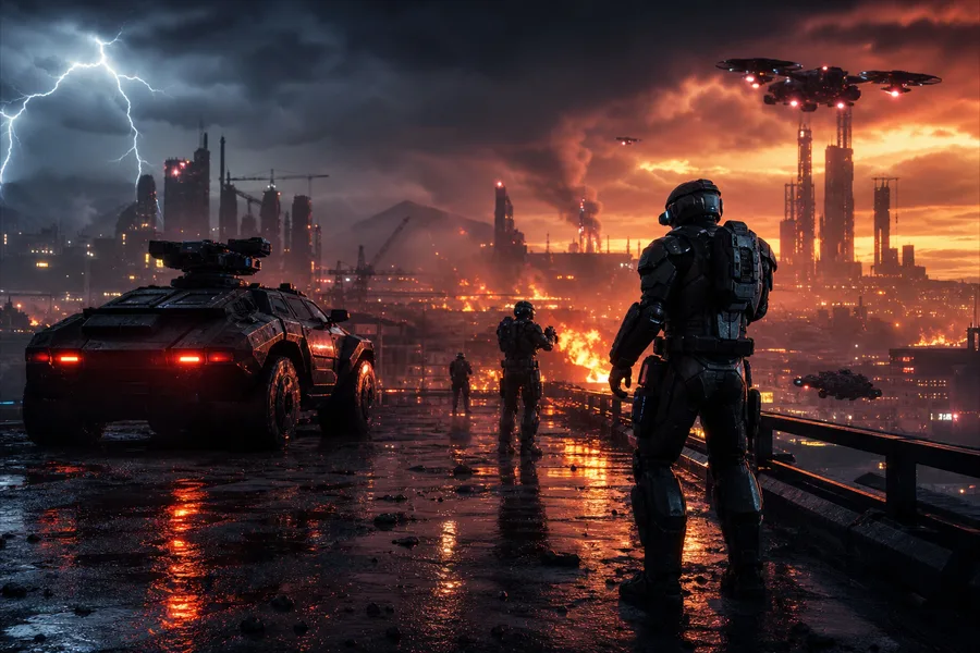 Armored Robot Patrol In Sci Fi Battlefield Military Wallpaper  6 4K